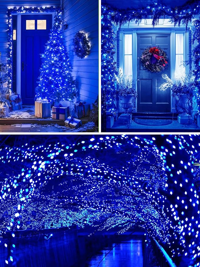 Solar Christmas Lights Outdoor Decorations Waterproof Tatal 4 Pack 400LED 132FT Blue Solar String Lights Green Wire with 8 Modes Christmas Fairy Light for Xmas Tree Party Wedding Yard Garden Decor