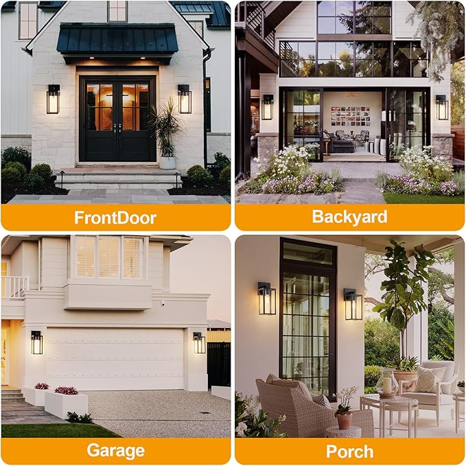 Kalium Porch Lights Outdoor Wall Light Fixture 2pcs Matte Black Wall Sconce 12.4 in Toughened Frame Clear Glass Shade Waterproof Lanterns for Patio Exterior Front Door Entryway