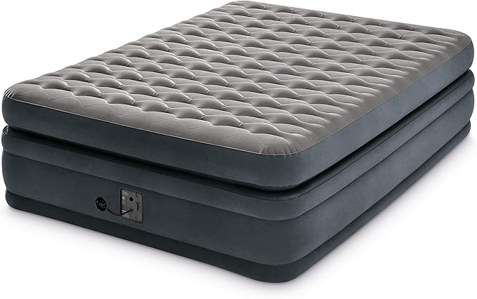 Intex 22in Queen Dura-Beam Deluxe Inflatable Blow Up Elevated Air Mattress Airbed with Built in Pump for Home Camping Guests Ultra Comfort