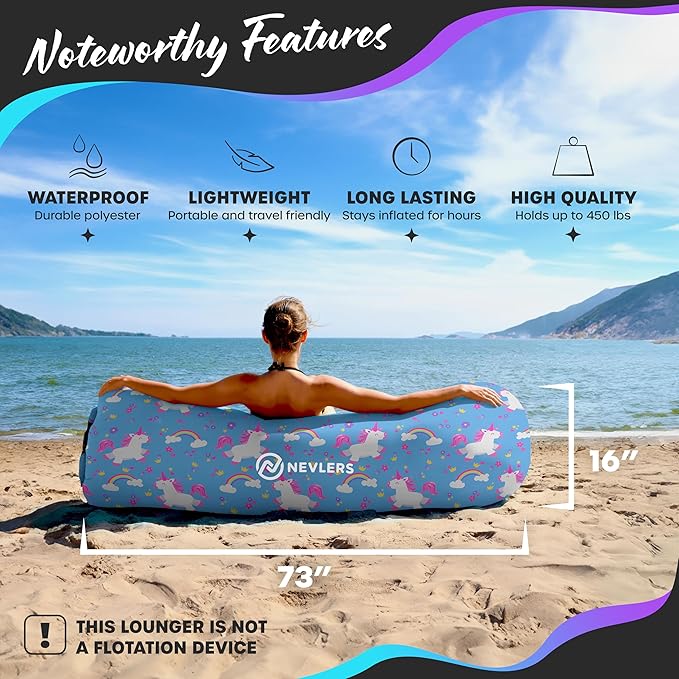 Nevlers Inflatable Lounger – Unicorn | 210T Polyester No-Pump Blow Up Couch Air Lounger | Portable Inflatable Couch for Camping Beach Festivals &amp More | 450 Lbs. Cap Air Chair w/Pockets &amp Ca