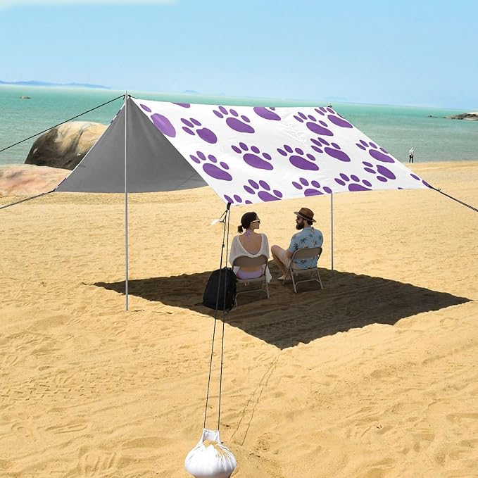 Paw Prints Purple Beach Tent Sun Shelter 9.2' x 10.5' Beach Canopy with 4 Sandbags 4 Stability Poles Sand Shovels - Tent Canopy for Beach Camping Fishing Picnics