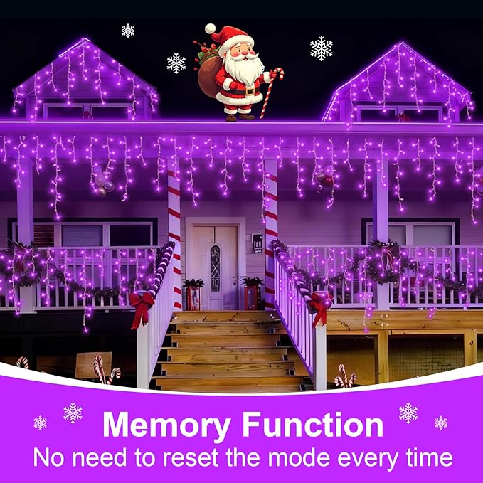 QITONG Purple Icicle Lights for Outside 33ft 400 LED String Light Indoor Plug in Clear Wire Connectable Icicle Christmas Lights with 8 Modes