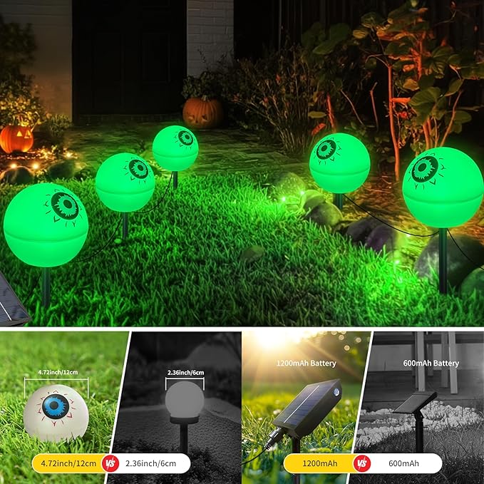 Solar Halloween Lights Waterproof Decorations 5 Pack Solar Globe Lights for Garden Decorations Outdoor Ghost Scary Eyeball Pathway Decor for Christmas Tree Garden Lawn Yard (Green&ampRed)