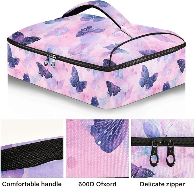 Casserole Carrier Blue and Purple ButterflyInsulated Casserole Carrier for Hot or Cold Food Thermal Lunch Tote for Potluck Parties Picnic Beach Fits 9 x 13 Inches Baking Dish