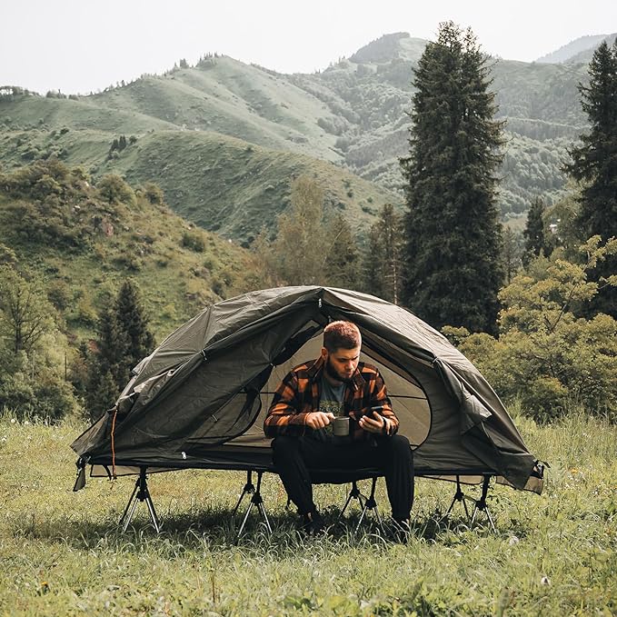 Night Cat Camping Cot Tent with Self-Inflatable Camping Pillow 1-Person Off-Ground Combo Cot Bed for Adults Portable Easy Set-up Tent