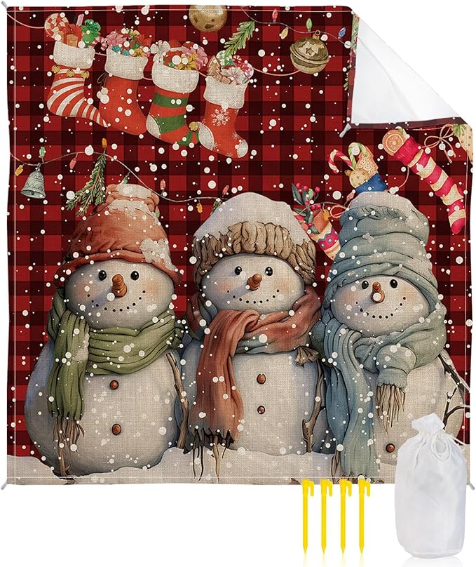 Beach Blanket Waterproof Sandproof OversizedXmas Snowman Christmas Stocking Beach Mat with Corner Stakes Sand PocketsWinter Snowflakes Red Black Plaid Outdoor Picnic Mat for Travel 118x108In