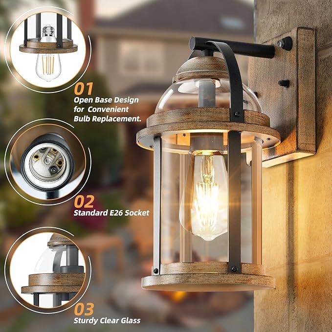 OKELI Dusk to Dawn Outdoor Wall Lights Waterproof Lighting Fixtures Rustic Farmhouse Wall Lanterns with Clear Glass Shades Anti-Rust Outside Lights for Garage Patio Porch(Brown 1 Pack)