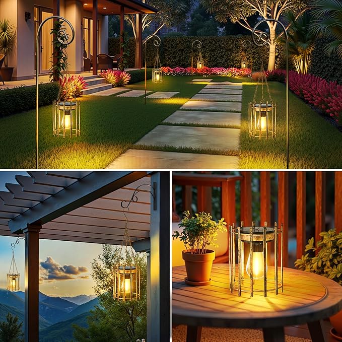 KOOPER Solar Lanterns Outdoor Waterproof 4 Pack Bronze Upgraded Bright Hanging Solar Lights Outdoor Lanterns Decorative Auto ON/Off Metal Hanging Lanterns for Pathway Yard Patio Garden Decor Gift