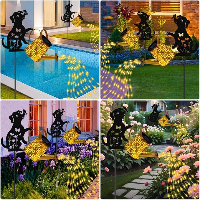 Solar Lights Outdoor Decorative Watering Can with Cascading Lights with Dog Silhouette Garden Stakes Gifts for Mom Women Waterproof Metal Garden Decor for Yard Art Outside(1 Pack)