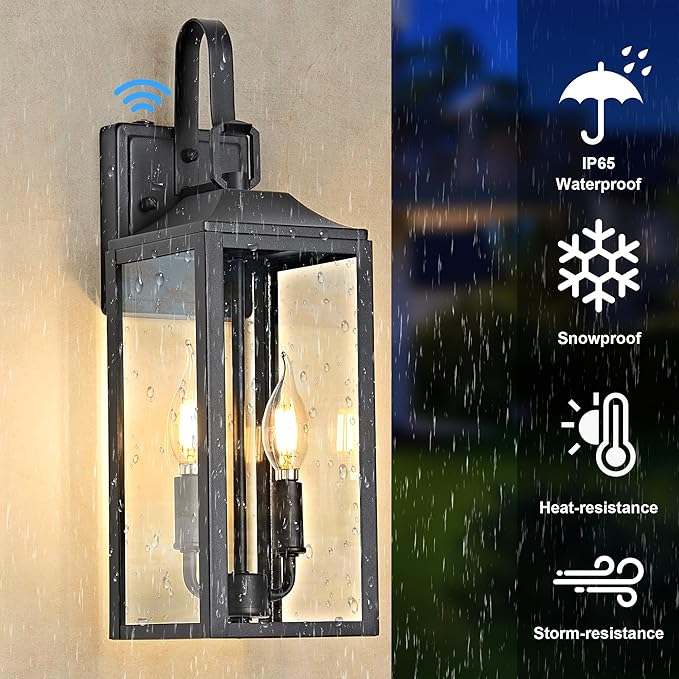 OKELI 17.6 Dusk to Dawn Outdoor Lighting 2-Light Black Wall Lantern for Porch Outside Wall Sconces with Tempered Glass Shade Anti-Rust Wall Lights Outside Light for Garage Foyer