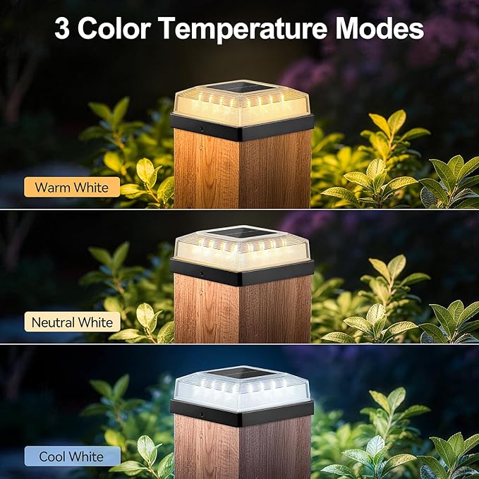 Brightever Solar Post Cap Lights Outdoor 6-Pack Solar Fence Post Lights with 3 Lighting Modes Fits 4x4 Vinyl/Wood Posts Black Solar Powered Waterproof Deck Post Lights for Garden Patio Porch