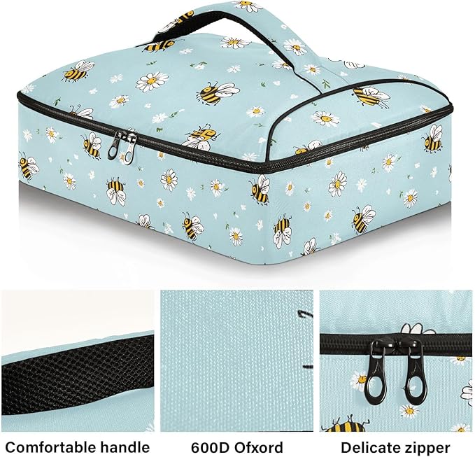 Casserole Carrier Cartoon-style Small BeesInsulated Casserole Carrier for Hot or Cold Food Thermal Lunch Tote for Potluck Parties Picnic Beach Fits 9 x 13 Inches Baking Dish