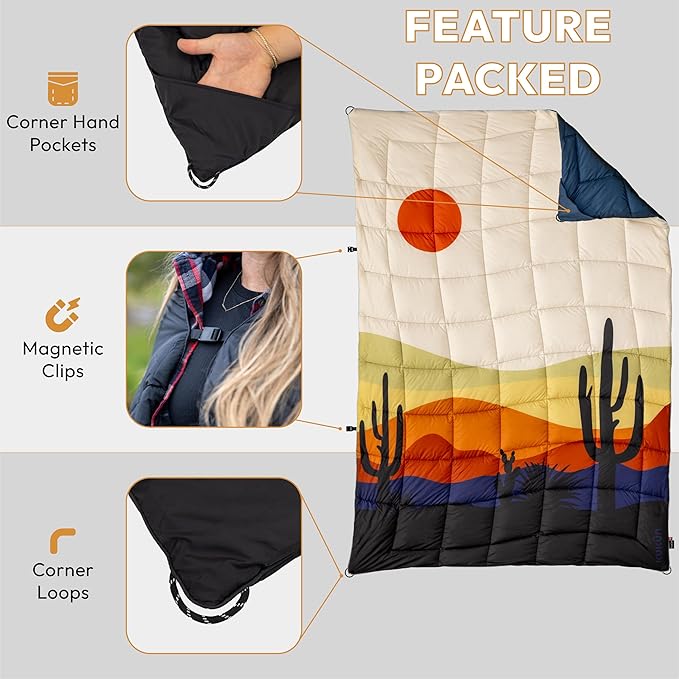 Versatile Packable Outdoor Camping Blanket Puffy Blanket Primaloft® Insulation Warm Durable Lightweight Waterproof Oversize Beach Stadium and More! 55x80 (Desert)