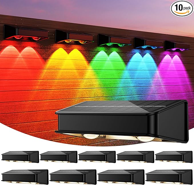 Solar Fence Lights 10 Pack 9 Color Modes Outdoor Bulb Waterproof Led IP65 Solar Outdoor Lights for Backyard/Railing/Step/Wall/Patio/Yard (Black)