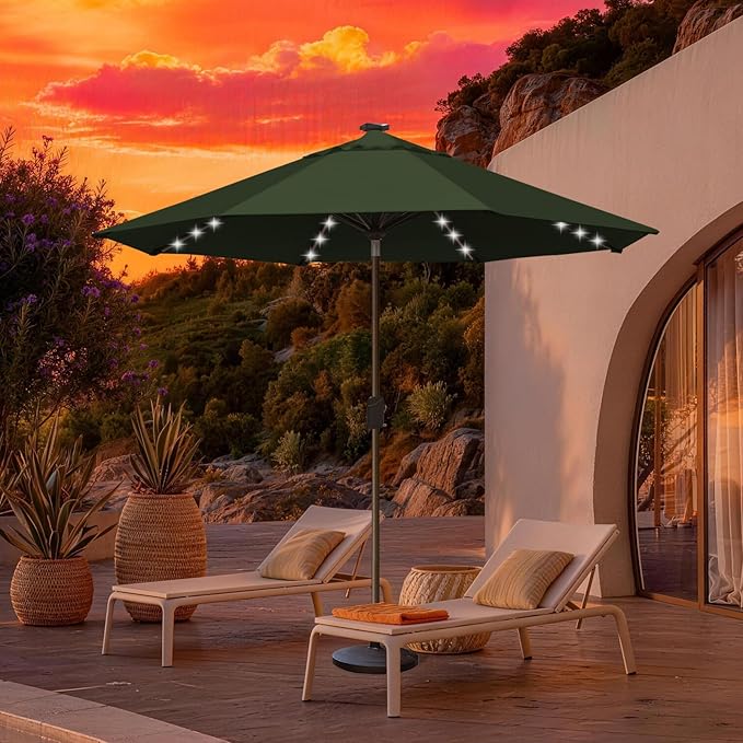 EliteShade USA 10-Year-Non-Fading 10Ft Market Umbrella with 80 LED Lights Patio Umbrella Outdoor Table Umbrella with Ventilation(Fern)