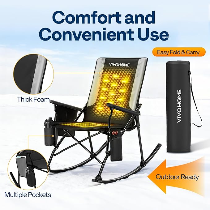 VIVOHOME 45W Padded Heating Rocking Camping Chair with 27000mAh Power Bank Heated Oversized Portable Lawn Chair for Outdoor Sports 3 Levels of Heat Overheat Protection System Black and Gray