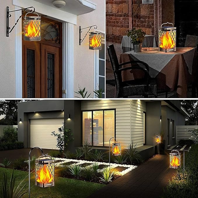 TomCare Solar Lights Outdoor Flickering Flame Solar Lantern Outdoor Hanging Lanterns Decorative Outdoor Lighting Solar Powered Waterproof LED Flame Lights for Patio Garden Deck 2 Pack(Bronze)