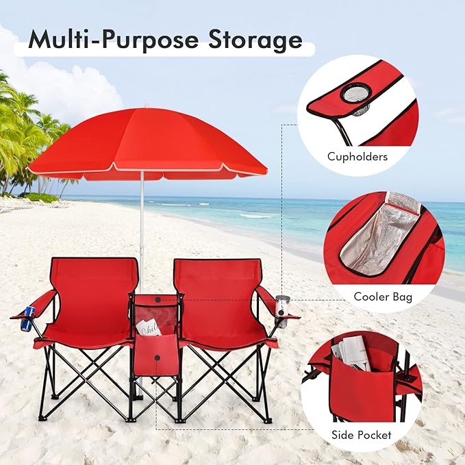 Giantex Double Camping Chair with Umbrella - Folding Picnic Loveseat with Carrying Bag Cooler Bag Table Side Pocket &amp Cupholder Portable Beach Chair for Camping Picnic Fishing Beach