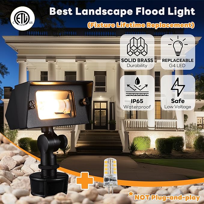 Gardenreet Low Voltage LED Flood Light - Solid Brass 12V Wall Wash Light Outdoor Landscape Hardwired IP65 Waterproof Wide Beam Black for Yard Tree House with 2700K Warm White 3W 270LM G4 Bulb 4 Pack