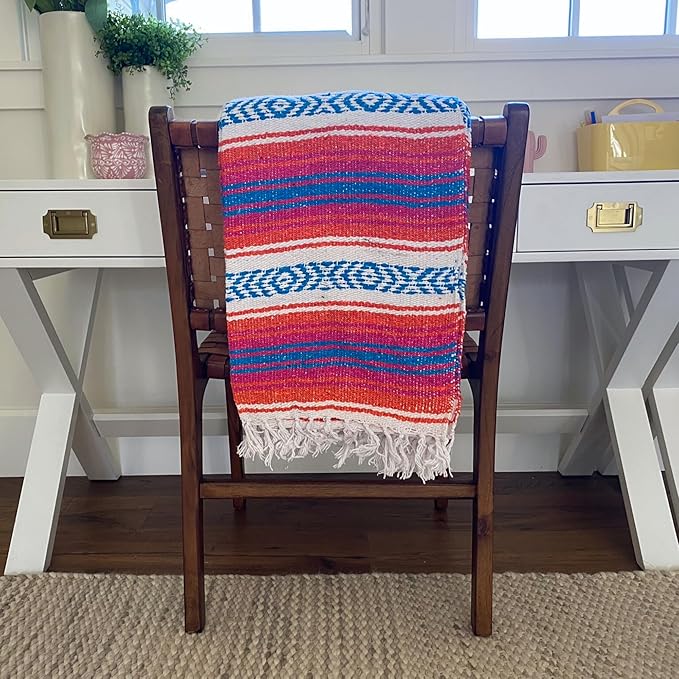 Del Mex Classic Mexican Blanket Large Authentic Woven Falsa Throw (70x50) Artisan Southwest Décor for Beach Yoga Outdoors (Orange/Pink/Blue)