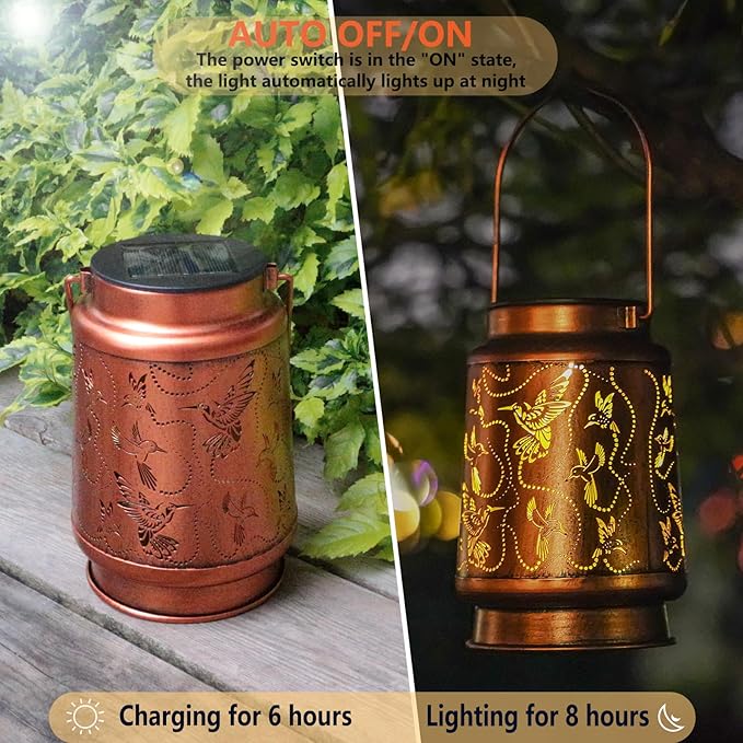 2 Pack Solar Hummingbird Lanterns Outdoor Hanging Decor LanternWaterproof Hollow Out Metal Decorative Garden LightGraceful Decoration for PatioYardLandscapeWalkwayFestival