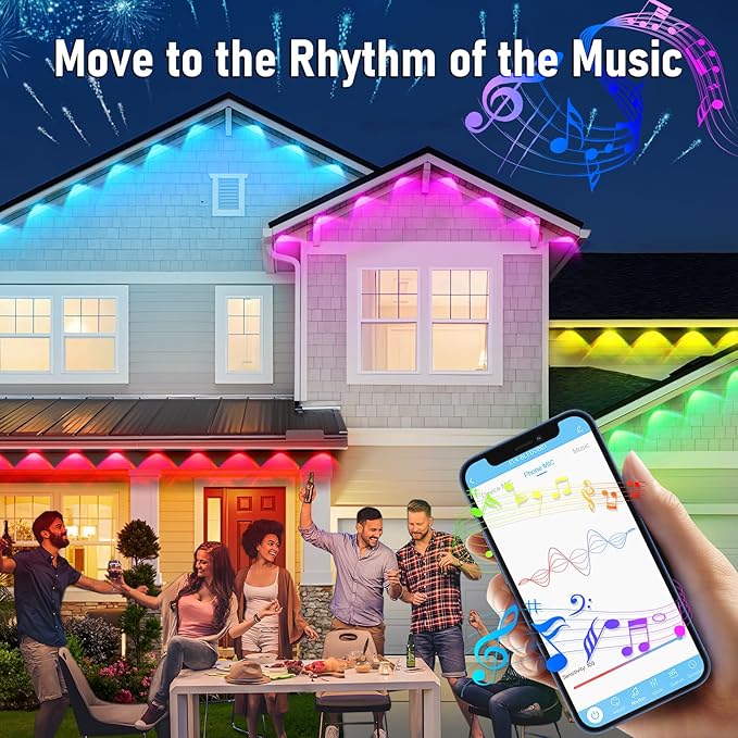 MUCCCUTE Permanent Outdoor Lights for Holidays Easter 100ft RGB House Light w/App &amp Remote Control Smart Rainbow LED IP67 Waterproof for New Year Christmas Roof Eaves Garden Décor All Year Around