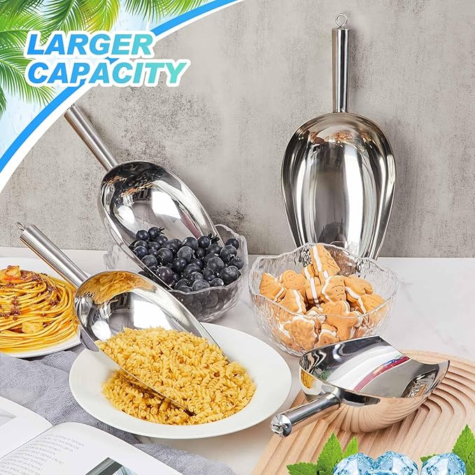 4 Pcs 24 Ounce Metal Ice Scoop Large Scoop for Freezer Rust-proof Utility Ice Cube Scoops with Hanging Loop for Coffee Bean Popcorn Flour Dog Food Candy Potted Plants Dishwasher Safe