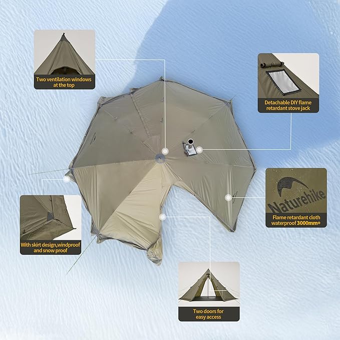 Naturehike Ranch Fire Teepee Tent Cold Weather Winter Hot Tent with Stove Jack 4-6 Person Waterproof Windproof 4 Season Tents for Camping