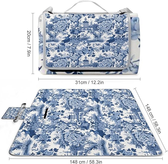 Blue and White Chinese Style Chinoiserie Folk Waterproof Outdoor Picnic Blanket Sandproof Beach Mat for Camping Hiking Grass Travelling