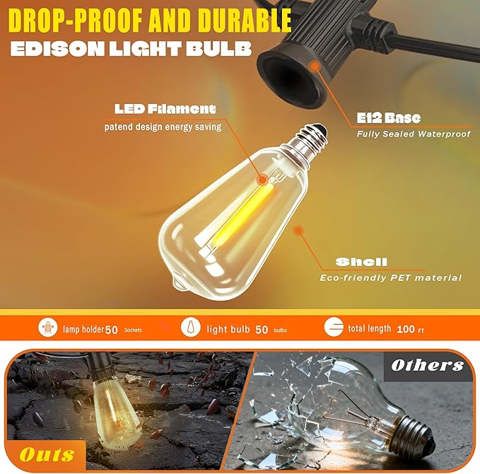 Outdoor Solar Waterproof Light String 50FT Wire and 25+1 LED shatterproof Bulbs dimmable Light Cannon with Remote Control Suitable for Courtyard Terrace Balcony Party Decoration Lighting