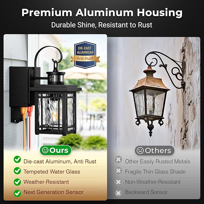 Outdoor Porch Light with GFCI Outlet Motion Sensor Outdoor Light Fixtures Wall Mount Black Exterior Wall Sconce Lantern with Ripple Glass Anti-Rust Coach Lights for Garage Patio Front Door