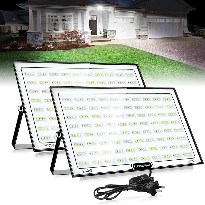 VAYALT 200W Led Flood Light Outdoor 2 Pack 20000LM Bright Floodlight Outside Work Light with Plug 6500-7000K Daylight Exterior Flood Light for Garage Yard Parking Lot Chicken Coop (IP66)