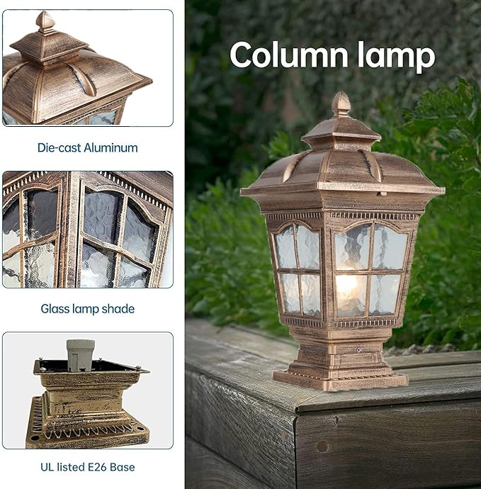 Outdoor Column Lights IP65 Waterproof Pillar Lights Outdoor Post Lights Fixture Glass Aluminum Antirust Column Lamp for Garage Pavilion Courtyard Park Lighting