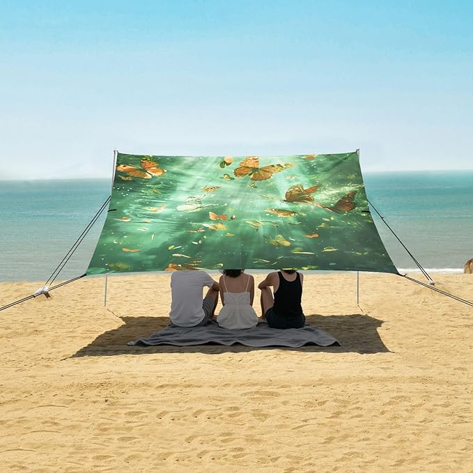 ALAZA Butterfly Romantic Beach Tent Sun Shelter UPF50+ Protection Beach Shade Canopy w/ 4 Sandbags for Outdoor Camping Fishing Backyard Fun Picnic 10x9 ft