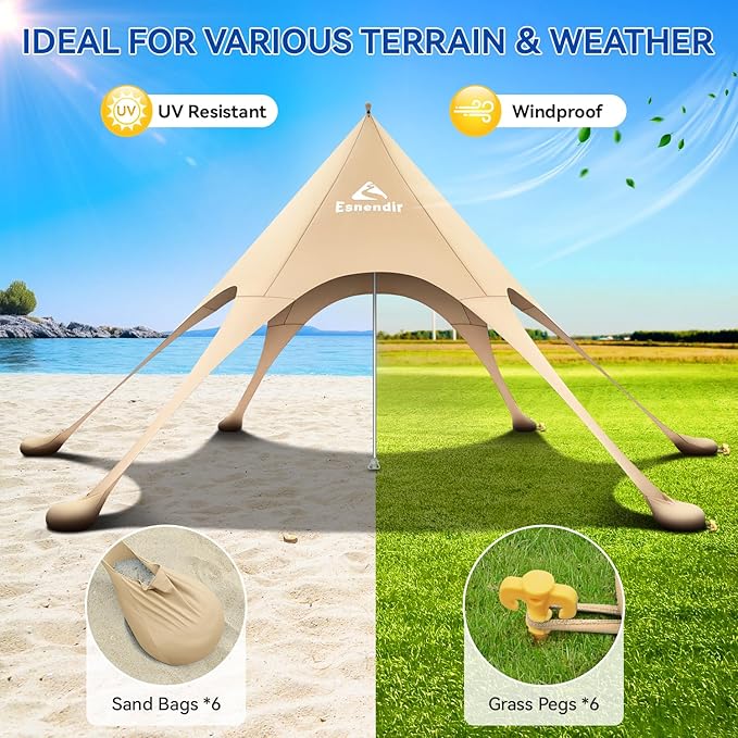 Beach Tent Sun Shelter &amp Portable Beach Canopy UPF 80+ UV Protection Beach Shade Canopy with 6 Sandbags Sand Shovel Ground Pegs for Outdoor Camping Picnics (Beige12x12FT)