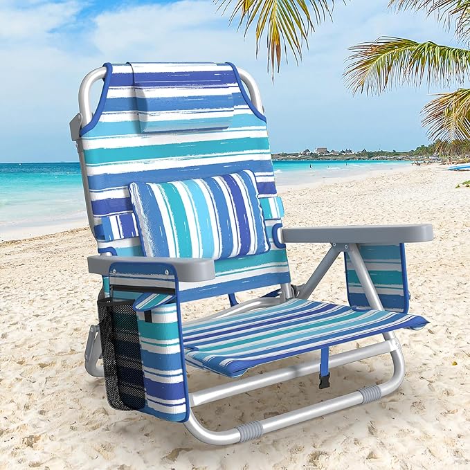 Suteck Beach Chair Adjustable 5-Position Backpack Beach Chairs for Adults Kids Foldable Lay Flat Chair with Cooler Bag Cup Holder and Lumbar Pillow Reclining Lay Down Chairs for Lawn Outdoor