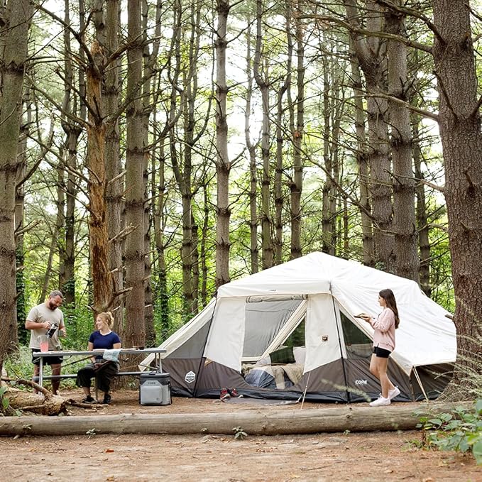 CORE Instant Cabin Tent with LED Lights | Large Family Lighted Pop Up Tent with Carry Bag for Camping Glamping and Backyard Adventures | Included Storage Pockets for Camp Accessories