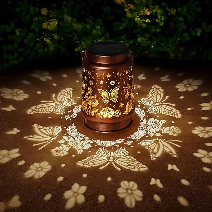 2 Pack Butterfly Solar Lanterns Outdoor Waterproof Rose Garden Decor Gifts for Women Mom Grandma Hanging Solar Lights Metal Lantern Decoration Outside for YardPatioBackyardPorch