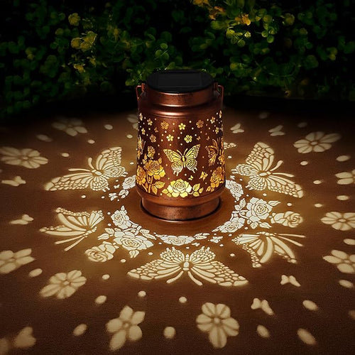 2 Pack Butterfly Solar Lanterns Outdoor Waterproof Rose Garden Decor Gifts for Women Mom Grandma Hanging Solar Lights Metal Lantern Decoration Outside for YardPatioBackyardPorch