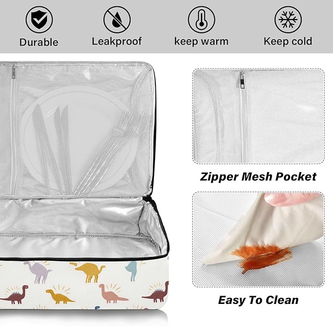 Casserole Carrier Cartoon Dinosaur PatternInsulated Casserole Carrier for Hot or Cold Food Thermal Lunch Tote for Potluck Parties Picnic Beach Fits 9 x 13 Inches Baking Dish