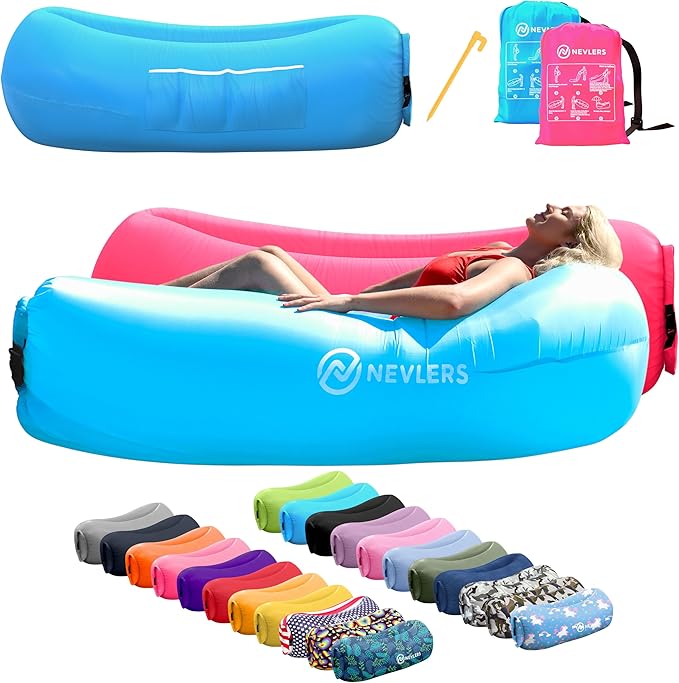 Nevlers Blue &amp Pink Inflatable Lounger 2 Pack | 210T Polyester Air Couch | No-Pump Inflatable Couch | Blow Up Chair Set w/ 450 lbs. Capacity Pockets &amp Carry Bags for Use as Beach Accessories