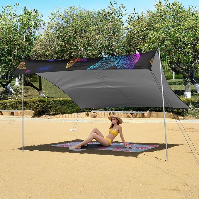 ALAZA Neon Rainbow Butterfly Beach Tent Sun Shelter UPF50+ Protection Beach Shade Canopy w/ 4 Sandbags for Outdoor Camping Fishing Backyard Fun Picnic 10x9 ft