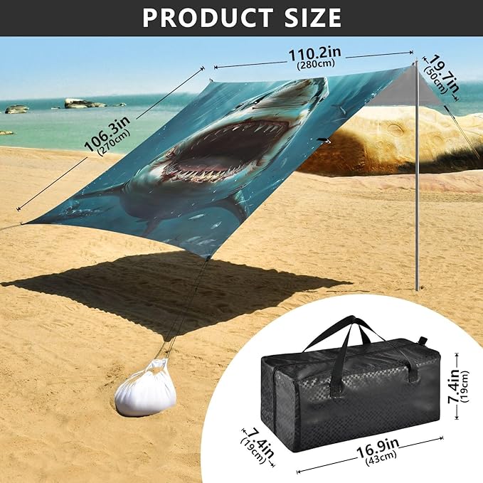 Shark with Opened Mouth Beach Tent Sun Shelter 9.2' x 10.5' Beach Canopy with 4 Sandbags 4 Stability Poles Sand Shovels - Tent Canopy for Beach Camping Fishing Picnics
