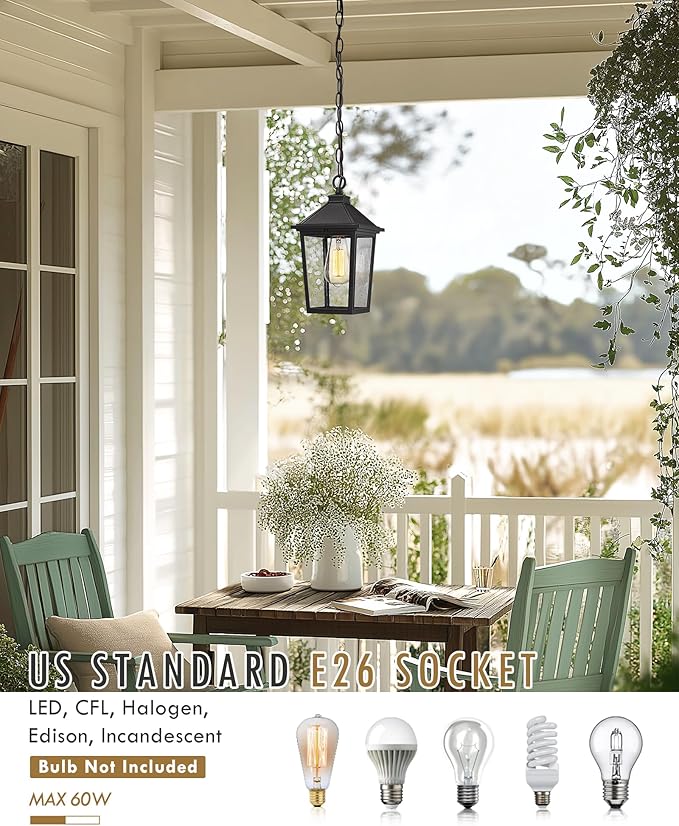 Outdoor Pendant Lights HWH Farmhouse Exterior Hanging Porch Light Outside Hanging Lantern with Height Adjustable Chain Matte Black Finish with Seeded Glass 5HX64H BK