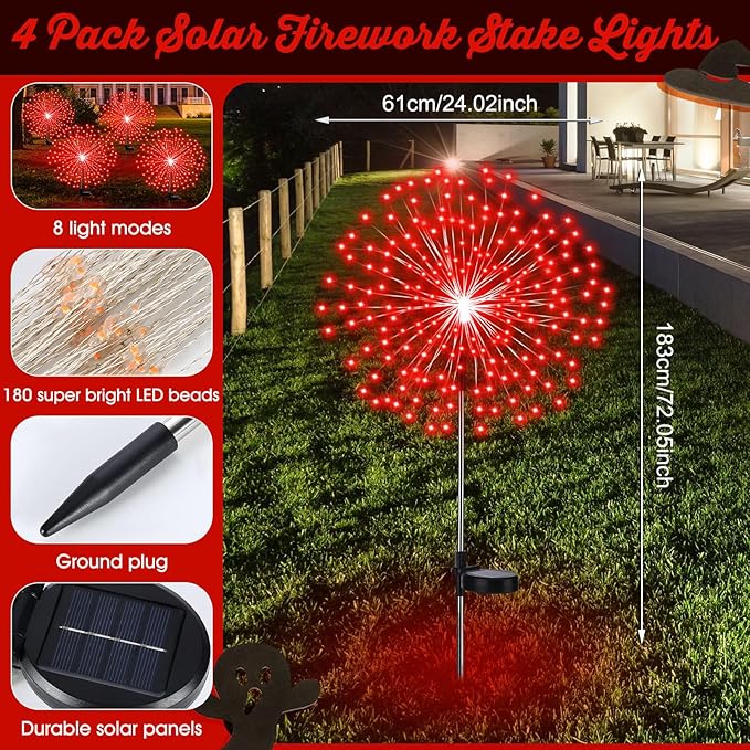 6 Pcs Christmas Solar Firework Stake Lights 180 LED 8 Modes Solar Waterproof LED Sparkler Lights Outdoor Decoration for 4th of July Xmas Holiday Garden Patio Yard Pathway Walkway Red