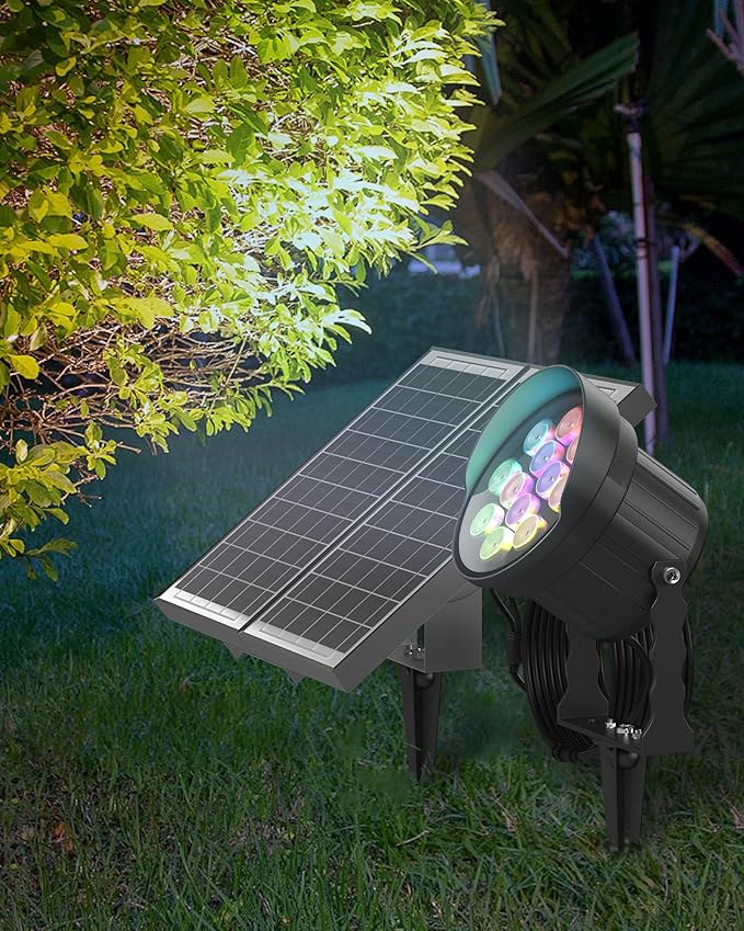Ofuray Solar Spot Lights Outdoor RGB Color Changing with 8 Lighting Modes IP67 Waterproof Landscape Lights 9.8ft Cable 12000mAh High Power Dusk to Dawn Solar Spotlights for Garden &amp Outdoor Déc