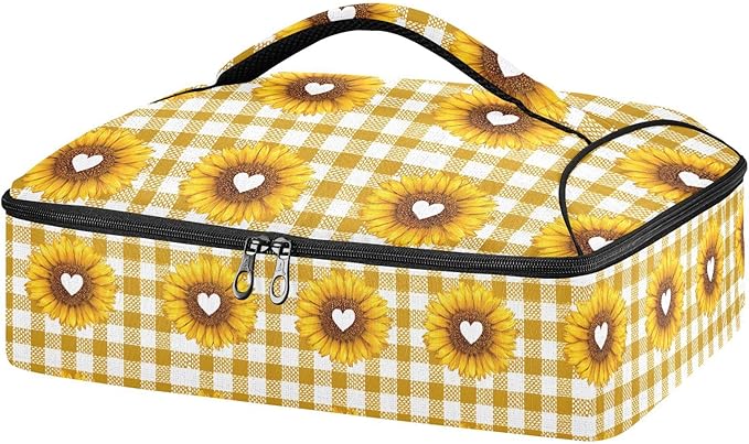 Casserole Carrier Cute Sunflower and Heart PrintInsulated Casserole Carrier for Hot or Cold Food Thermal Lunch Tote for Potluck Parties Picnic Beach Fits 9 x 13 Inches Baking Dish