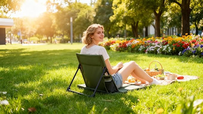 Extra large folding camping backrest with cup holderLightweight portable outdoor large chair for beach park lawn and travelAluminum frame comfortable &amp durable lazy backrest (Olive Green)