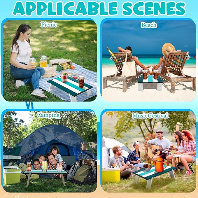 Beach Table Folding Camping Portable Table Striped White Aluminum Side with Carry Bag for Camping Picnics and Outdoor Activities(16x11x5 inCyan Green)