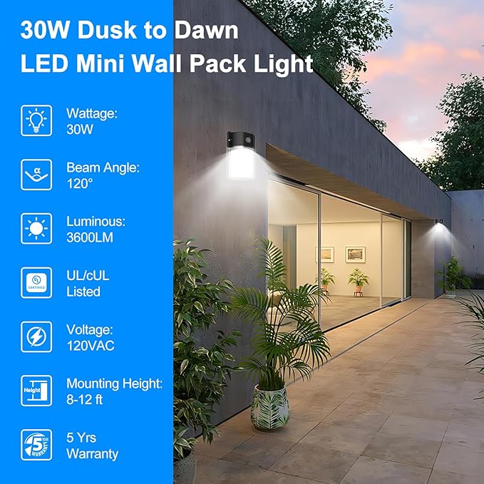 30W LED Wall Pack Light Dusk to Dawn Outdoor Lighting Sensor 3600LM 5000K LED Outdoor Wall Lights 120Vac IP65 Waterproof Security Flood Light for Commercial Porch Garage Garden 2 Pack